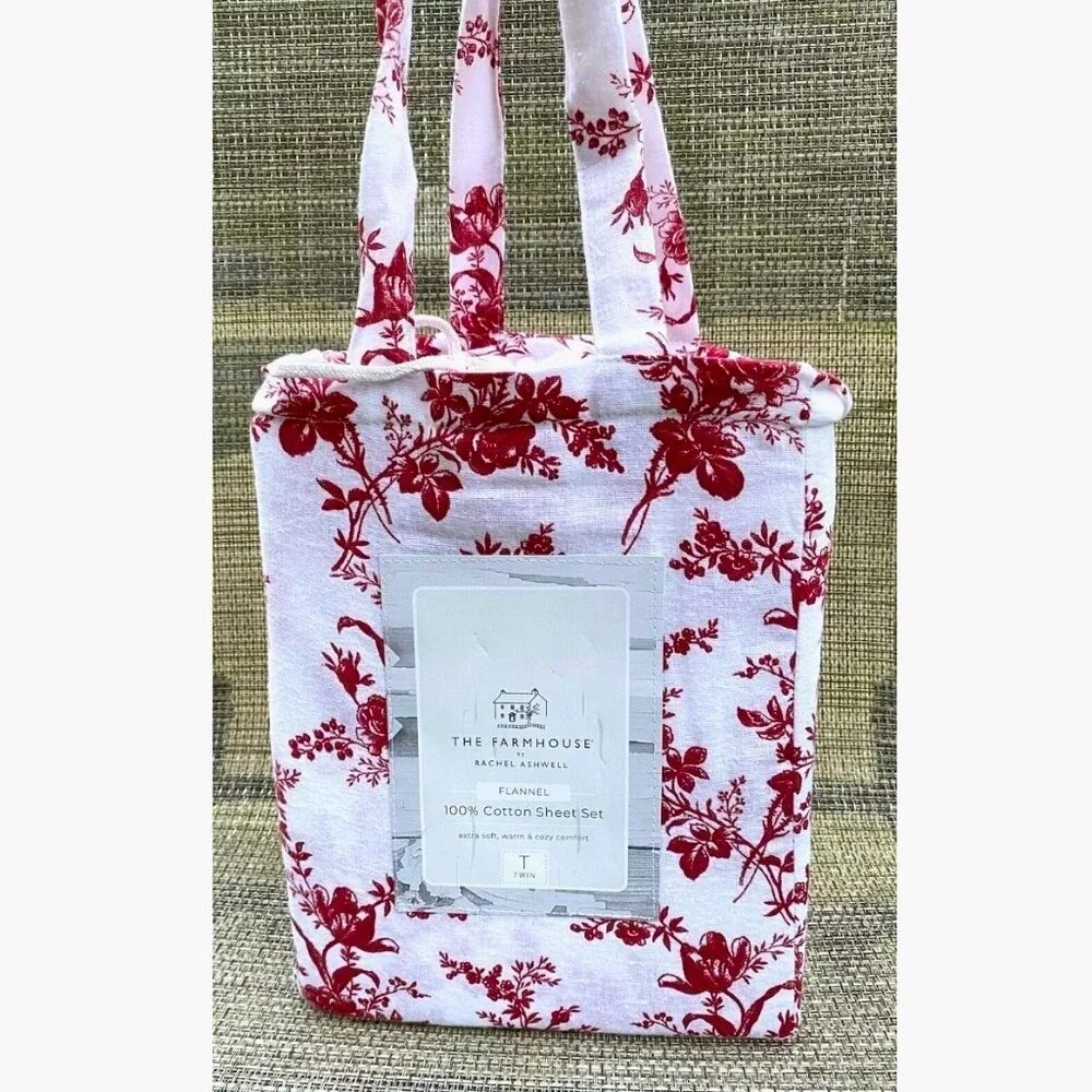 The Farmhouse Rachel Ashwell Red White Floral Flannel Cotton TWIN Sheet Set 3pc